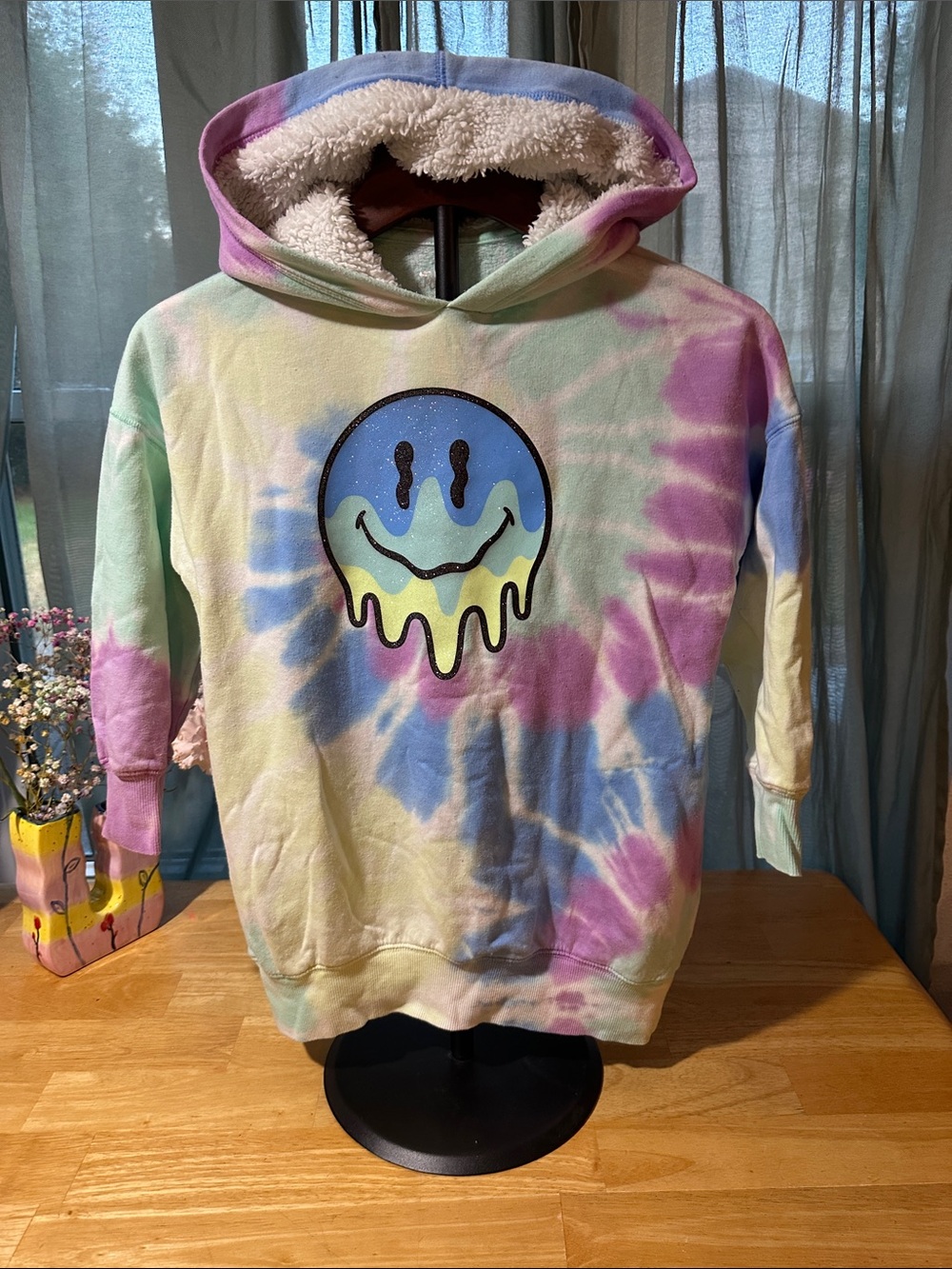 Justice Pastel Tie-Dye Sherpa Hoodie with Dripping Smile Graphic